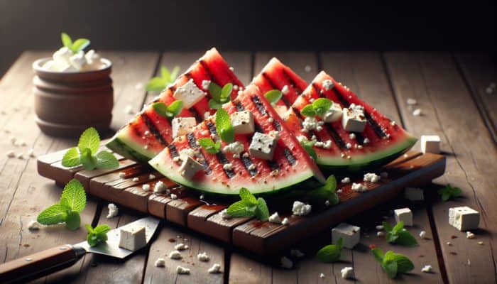 Grilled watermelon with creamy sheep's milk feta, mint garnish on a rustic table.