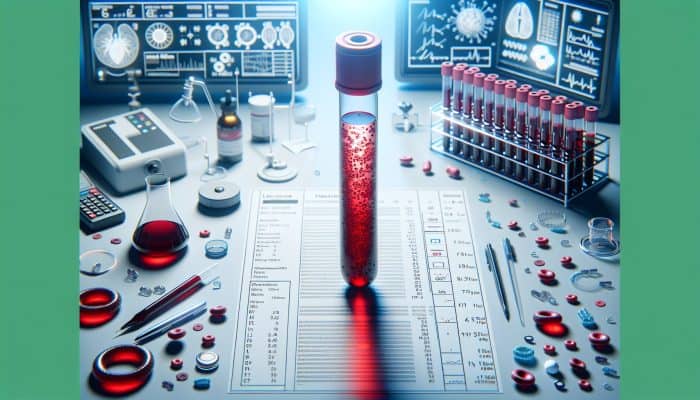 A blood test tube with high red blood cell levels, chart showing TRT management adjustments.