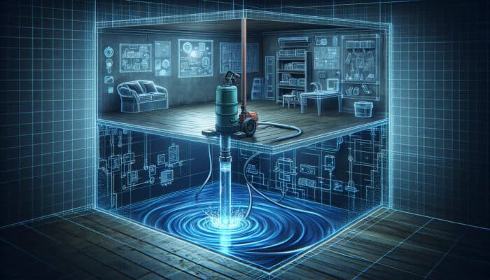 Sump pump in basement pit, actively pumping water out through hose, with functional float switch.