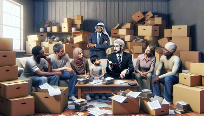 A lawyer explaining property law to a family in a cluttered living room with packed boxes.