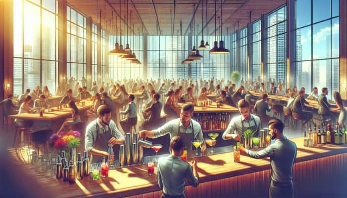 Bartenders mixing colorful cocktails in a lively daytime bar with patrons and sunshine.