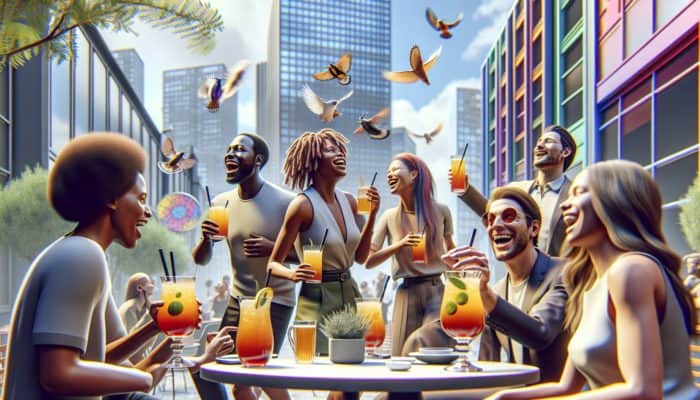 People enjoying low-alcohol cocktails with kombucha and wine in a vibrant, trendy urban setting.