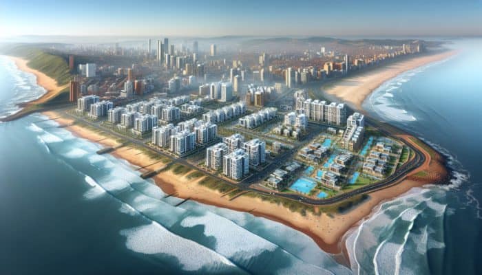 Aerial view of Durban's affordable coastal neighborhoods with beaches, parks, and modern apartments.