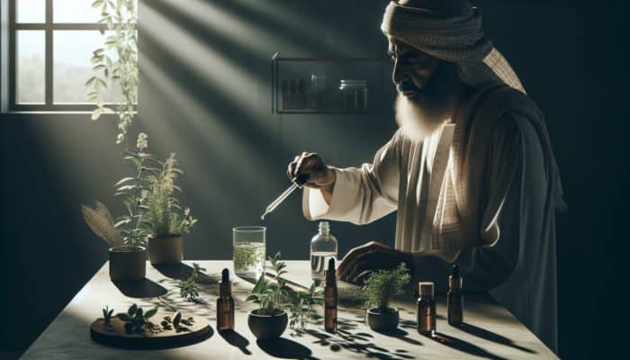 A person measuring herbal tincture drops into water for safe oral testing in a kitchen.