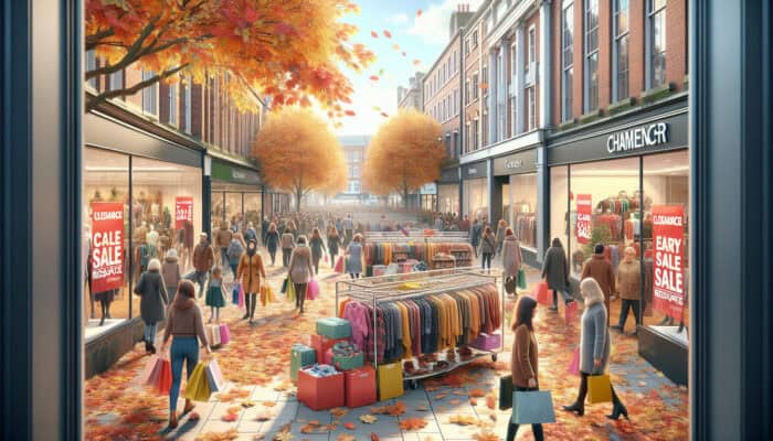 A busy UK high street in autumn with shoppers browsing clearance racks of summer stock, surrounded by falling leaves and festive sale signs.