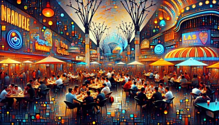 Locals enjoying authentic cuisine at a hidden Las Vegas restaurant, travel guides on table.