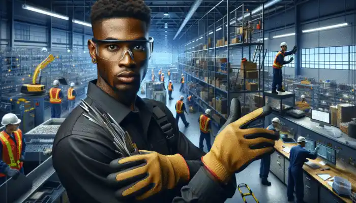 A worker in Neath using nitrile gloves to safely handle sharp tools and hazardous materials in an industrial setting.