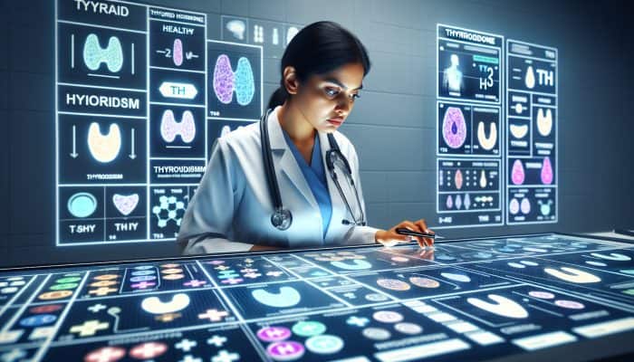 A medical chart showing thyroid hormone levels and symptoms, analyzed by a doctor in a clinical setting.
