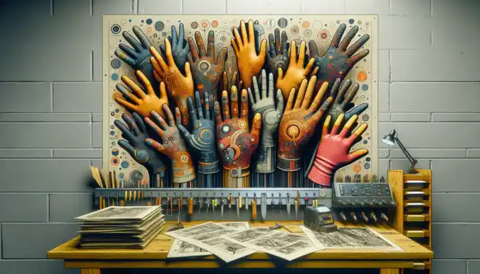 Latex gauntlet gloves from Showa, Ansell, and Polyco on a workbench in Havant, showcasing grip, chemical resistance, and eco-friendliness.