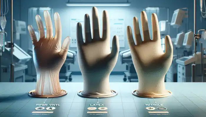 Comparative display of vinyl, latex, and nitrile gloves showing differences in durability, comfort, and allergenicity.
