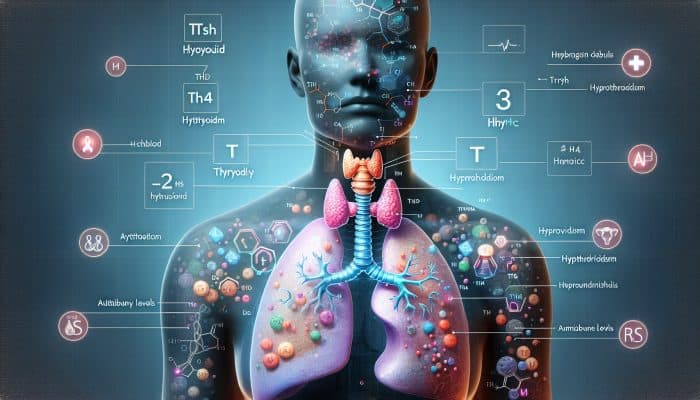 Illustration of thyroid function test results showing TSH, T4, T3 levels and indicators for hypothyroidism, hyperthyroidism, and autoimmune conditions.