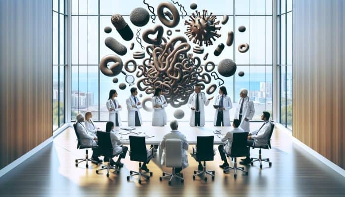 Various medical professionals discussing cholesterol test results in a Whitehaven clinic, accompanied by digital charts.