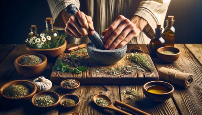 Hands preparing herbal poultice with mortar and pestle, herbs, chamomile tea, and olive oil on wooden table.