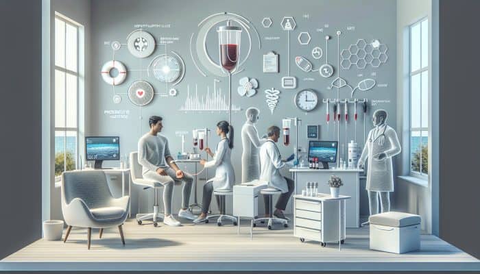 A cheerful patient receiving a well-person blood test in a modern Herne Bay clinic, surrounded by caring professionals.