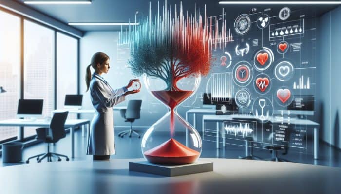 A doctor reviewing annual blood test results with charts of family history of diabetes and heart disease in a modern office.