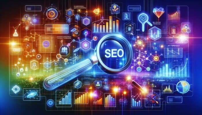 A digital landscape with SEO charts, interactive elements, and a magnifying glass on KPIs.