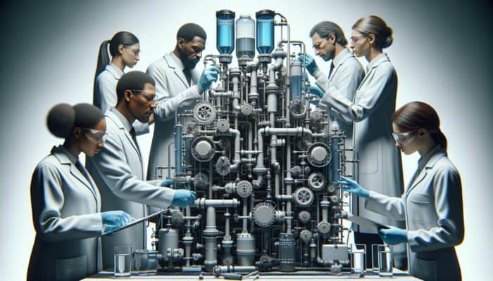 Professionals in lab coats examining a water filtration system and its components.