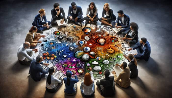 A diverse group brainstorming, sketching innovative ideas on a colorful mind map.