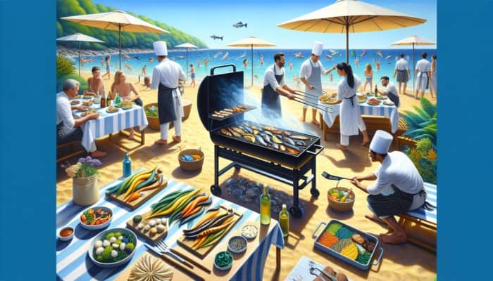 Chefs grilling and tasting different seaweeds on a beach BBQ, with colorful side dishes.