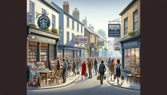 A busy street in Crewkerne showing a coffee shop and bookstore with joint promotion signs, locals interacting.