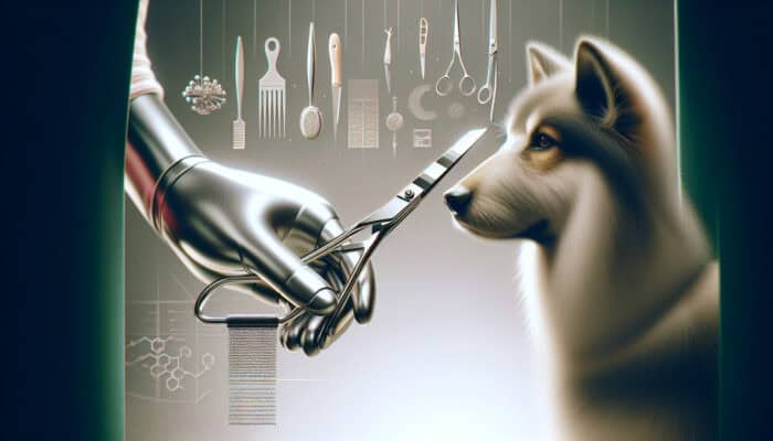 A serene grooming session with a calm pet using appropriate, well-maintained fur trimming tools in a quiet, familiar environment.