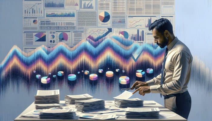 Person reviewing financial documents and credit reports, surrounded by charts showing credit score fluctuations.