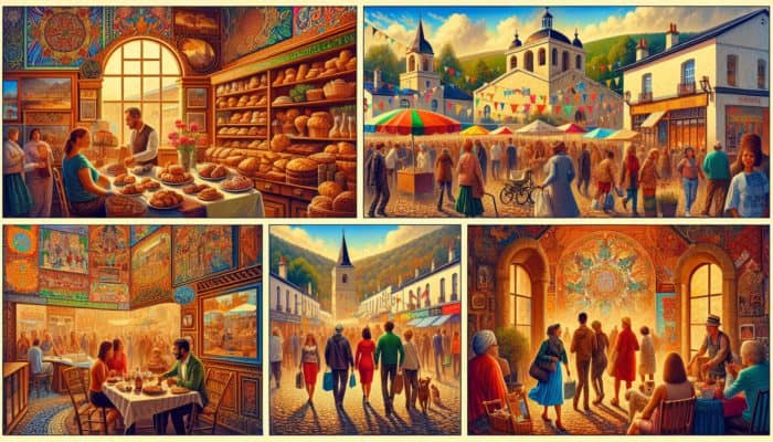 A collage of Chard's community engagement: bakery, food festival, art gallery, and charity events.