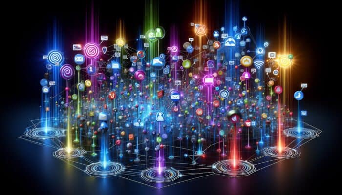 Colorful nodes represent segmented email lists with targeted messages flowing to different demographics and interests.