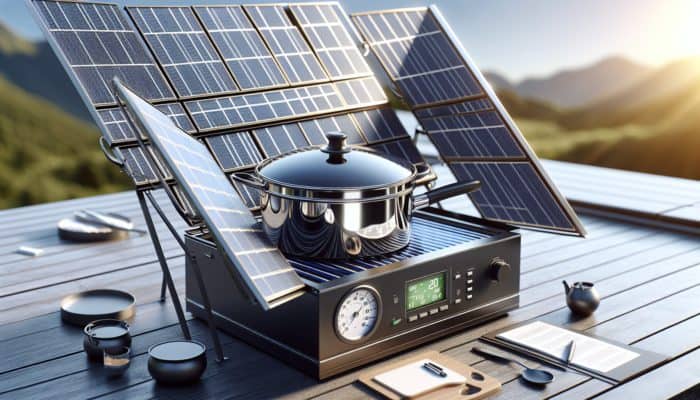 A solar cooker with reflective panels, dark pot, insulated chamber, and thermometer in a sunny outdoor setting.