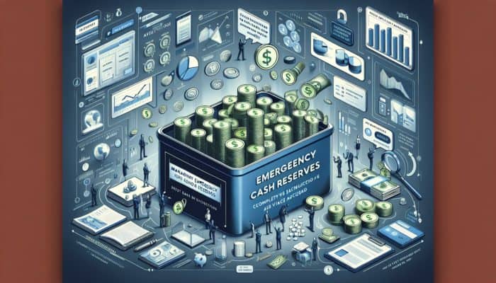 Infographic with expert tips on managing emergency cash reserves, covering saving, investment, and access methods.