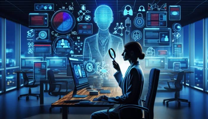 A person in Bridgwater evaluating website design services with a magnifying glass in a modern office.