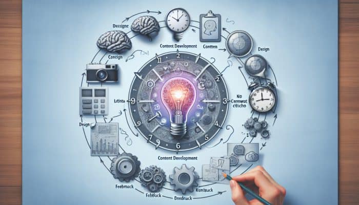 Timeline graphic of website development stages from concept to launch, with clock and phase icons.