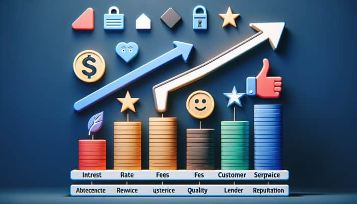 A comparison chart of loan ratings, showing interest rates, fees, customer service, and lender reputation in color-coded sections.