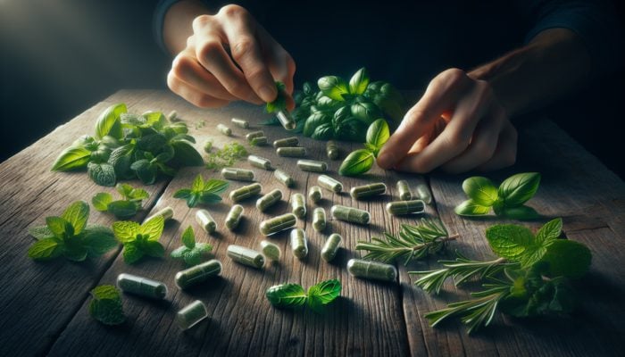 Fresh herbs like basil, mint, and rosemary on a wooden table, being placed into clear capsules.