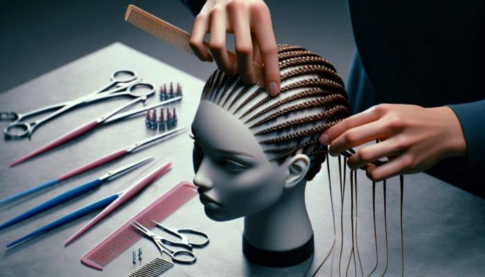 Hands using a rat-tail comb to section hair evenly for micro braids, with a mannequin head displaying well-tensioned braids and precise cuts.