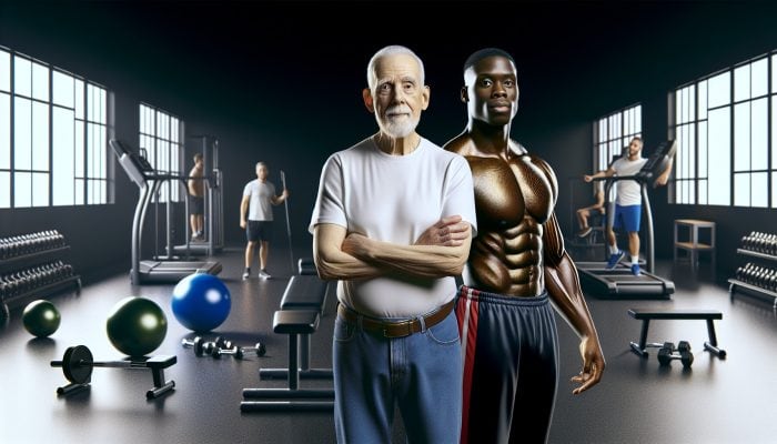 Older and younger man in gym showing effects of age and fitness on testosterone levels.