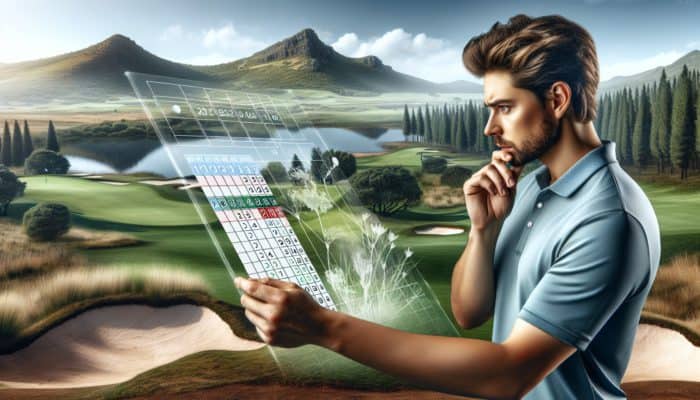 Golfer studying South African golf course scorecard, adjusting strategy based on course and slope ratings.