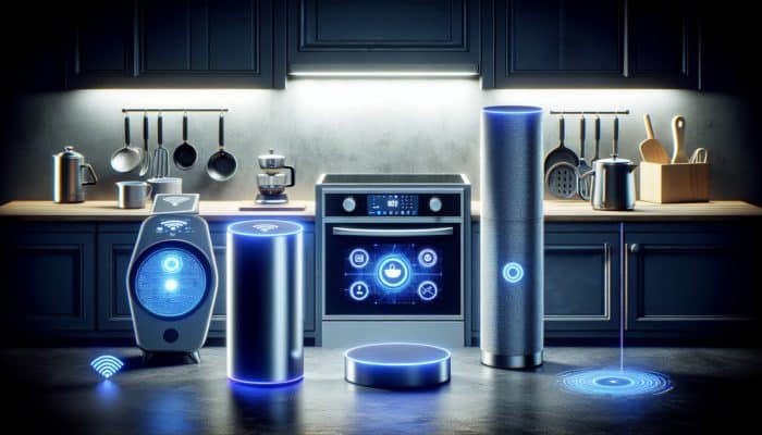 A modern kitchen featuring voice-activated gadgets like Amazon Echo, Google Nest Hub, smart oven, and coffee maker.