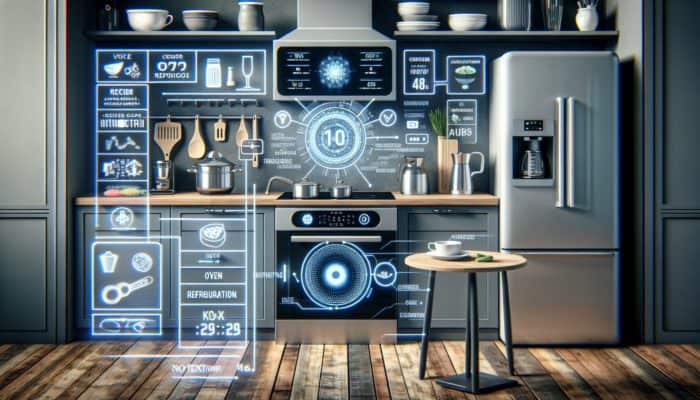 A smart kitchen with voice-activated control of oven, fridge, coffee maker, displaying recipe and timer.