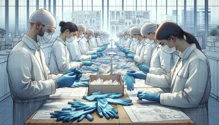 Professionals in Croydon examining and ordering disposable vinyl gloves from a catalog, focusing on quality and efficiency.