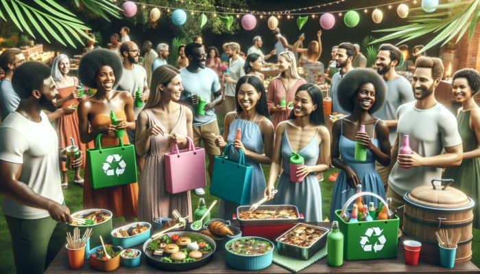Guests at a BBQ filling colorful reusable containers with leftovers at a designated eco-friendly area.