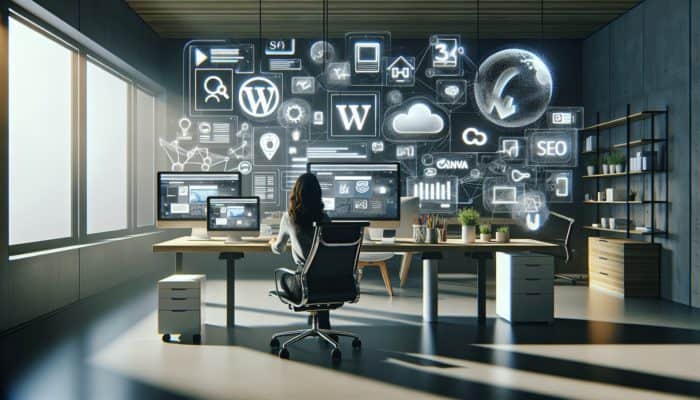 A designer using multiple screens with WordPress, Wix, Squarespace, Google Analytics, Yoast SEO, Canva, and Screaming Frog for website design.