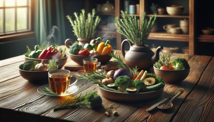 Fresh rosemary sprigs on a wooden table with roasted vegetables and steaming rosemary tea, enhancing cognitive function.