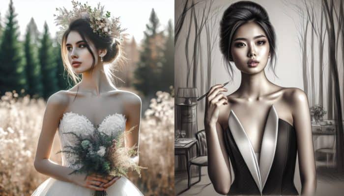 A bride with a loose, romantic updo and wildflowers for a rustic wedding, another with a sleek chignon for a formal event.