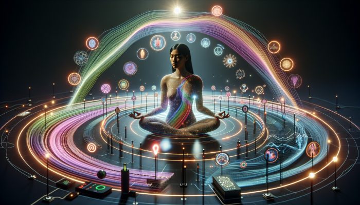 A serene woman surrounded by biofeedback devices and holographic health data visualizations.