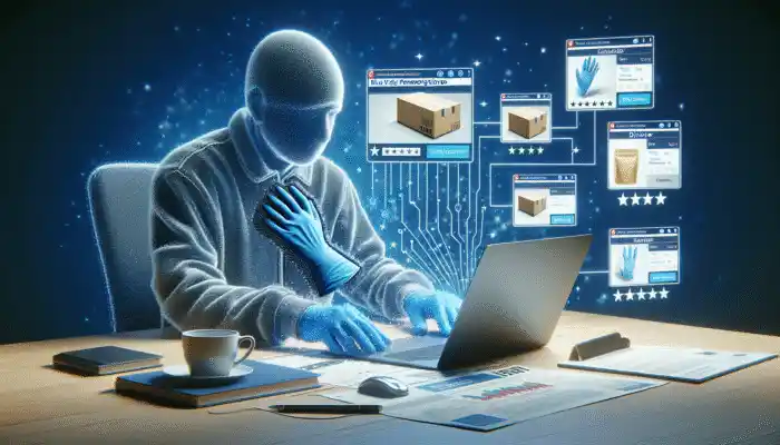 Person in Chichester comparing blue vinyl powdered gloves online, viewing delivery options and reviews.