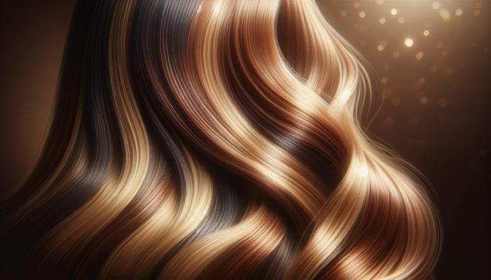 A rich, dimensional bronde hair color with tobacco and blonde hues, soft highlights, and a smoky finish.