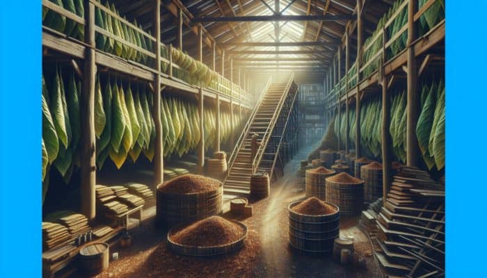 Illustration of tobacco leaves curing in a rustic barn, showing color transformation and drying racks.