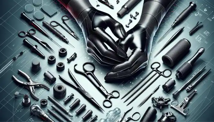 Hands in sleek, black latex gauntlet gloves, protective and stylish, with medical and industrial tools.