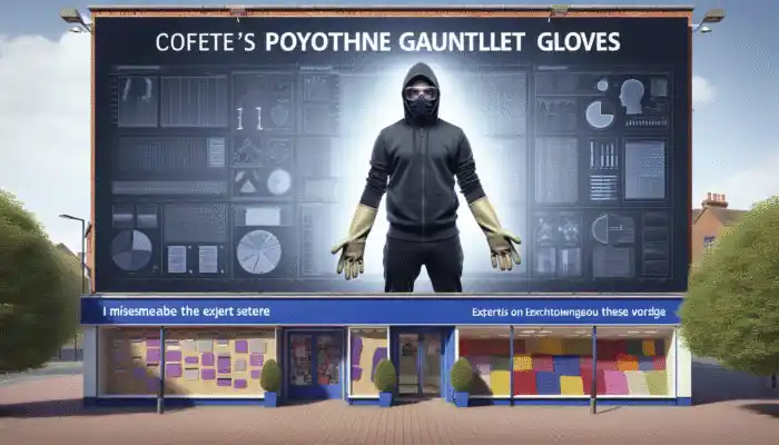 Person in Leicester wearing polythene gauntlet gloves, standing by store with expert knowledge sign, cityscape background.